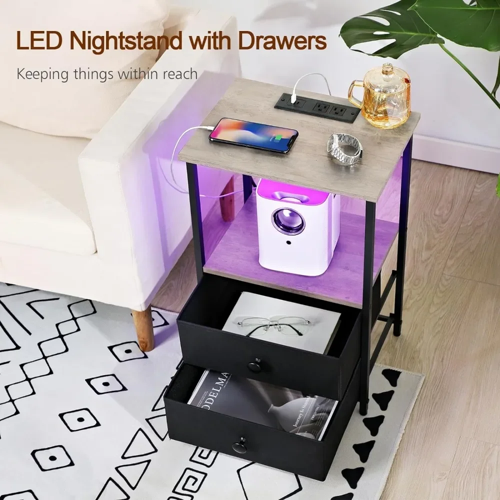 Nightstands Set of 2, LED Night Stand with Charging Station, Modern End Tables Living Room with 2 Fabric Drawers