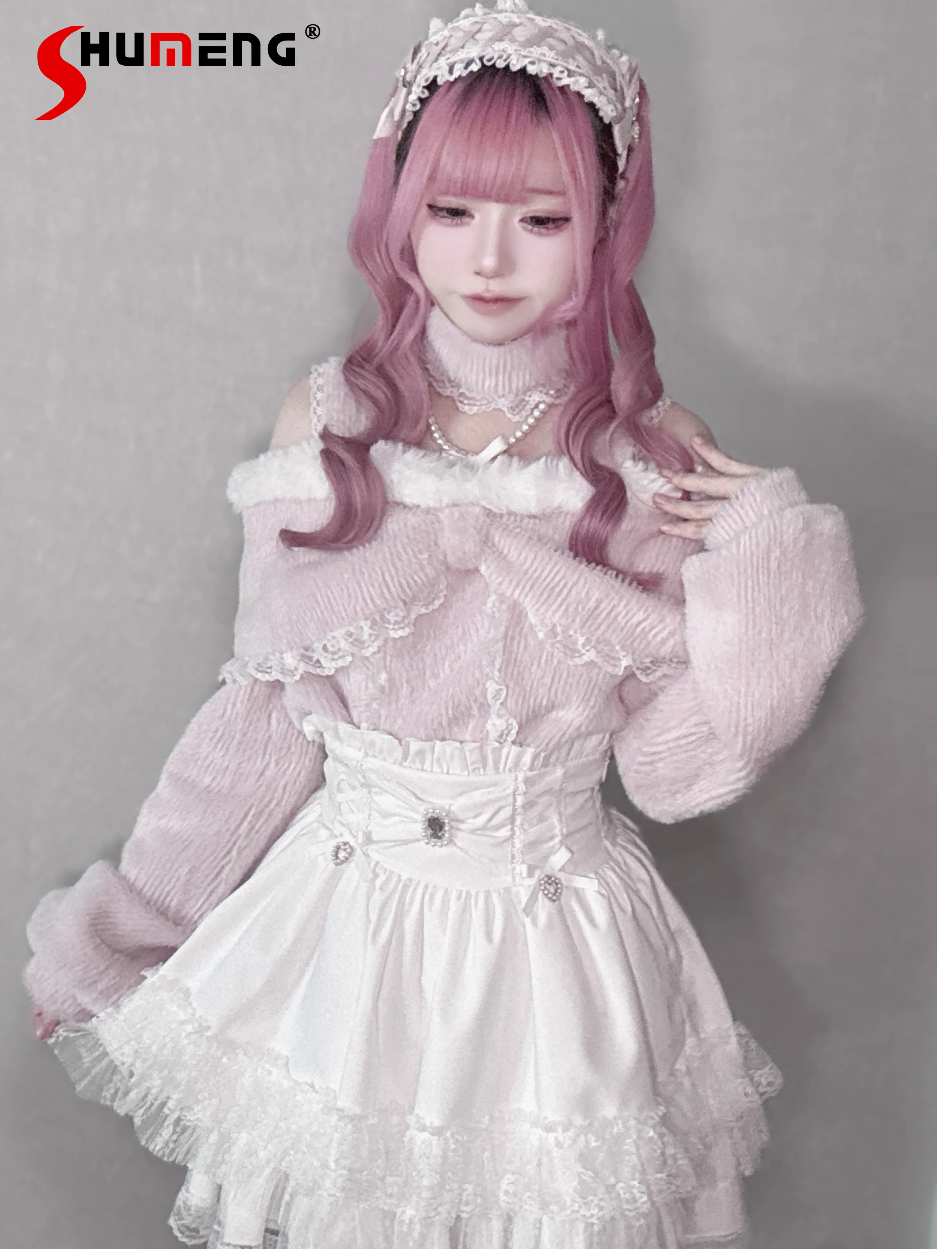 

Original Mine Mass-Produced Lace Lolita Top Fleece Lining Winter Japanese Sweet Girls Off-Shoulder Long Sleeve Sweaters Skirts