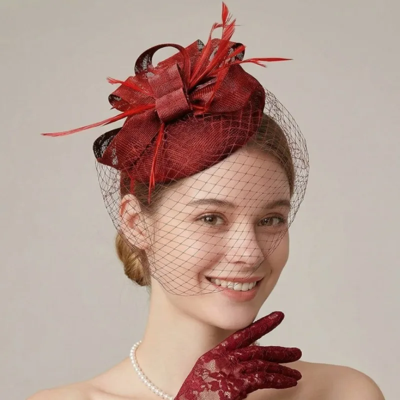 

Hemp Bridal Headdress, Feather Hair Accessories, Flower Mesh Covering, Evening Gown, Qipao Accessories and Accessories