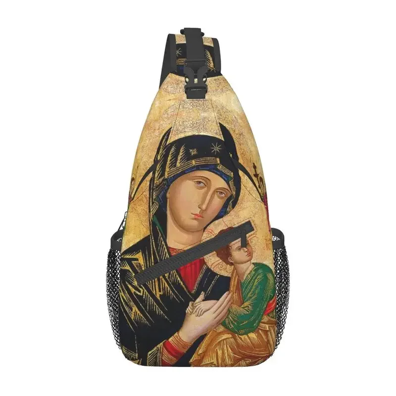 

Our Lady Of Perpetual Help Crossbody Sling Backpack Men Roman Catholic Virgin Mary Shoulder Chest Bags for Camping Biking