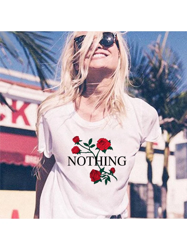 

Nothing Rose Grunge Graphic Tee Women Summer Casual Short Sleeve White Shirt Nothing Rose Aesthetic TShirt Tumblr Clothes