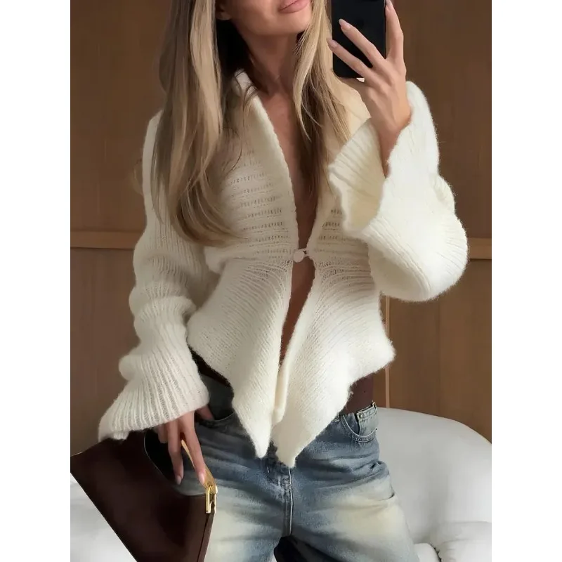 

Белый винтажный вязаный кардиган для женщин, ажурный, свободный, элегантный, осенний, вязаная кофта-накидка, женский кардиган-топ