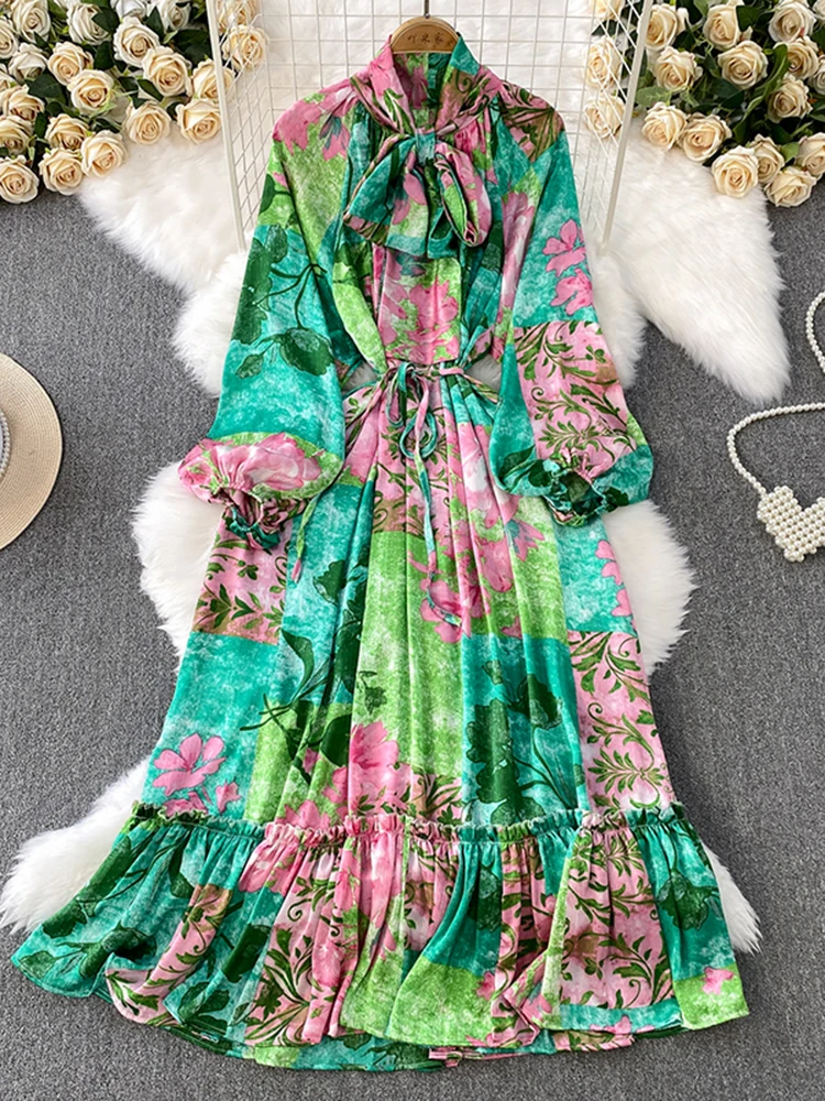 Spring Autumn Women\'s Retro Style Long Sleeved Printed Dress with Waist Cinched A-line Elegant Large Swing Long Dress A81
