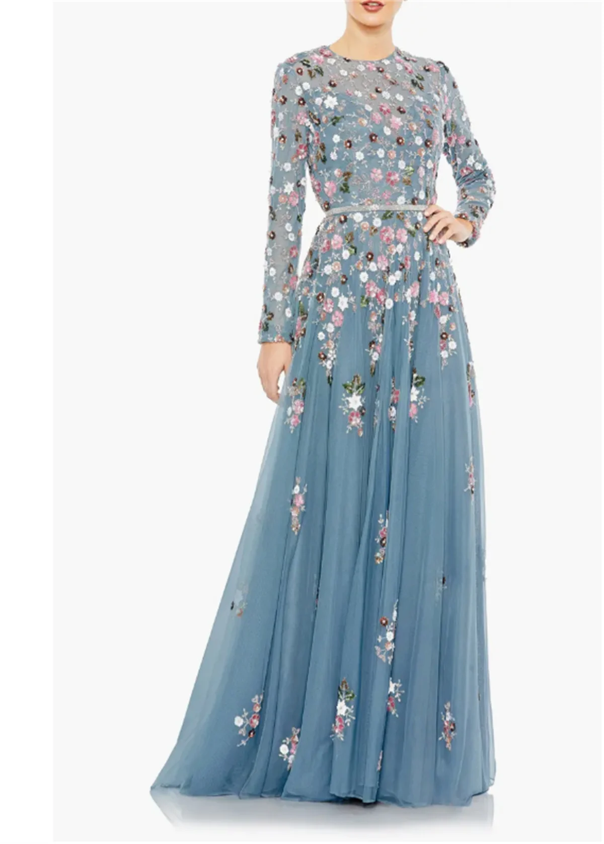 Evening Dress Premium Embroidered Tulle Custom Elegant Blue Gown Round Neck Long Sleeve Belt Diamond Moroccan Kaftan Arab Morocc