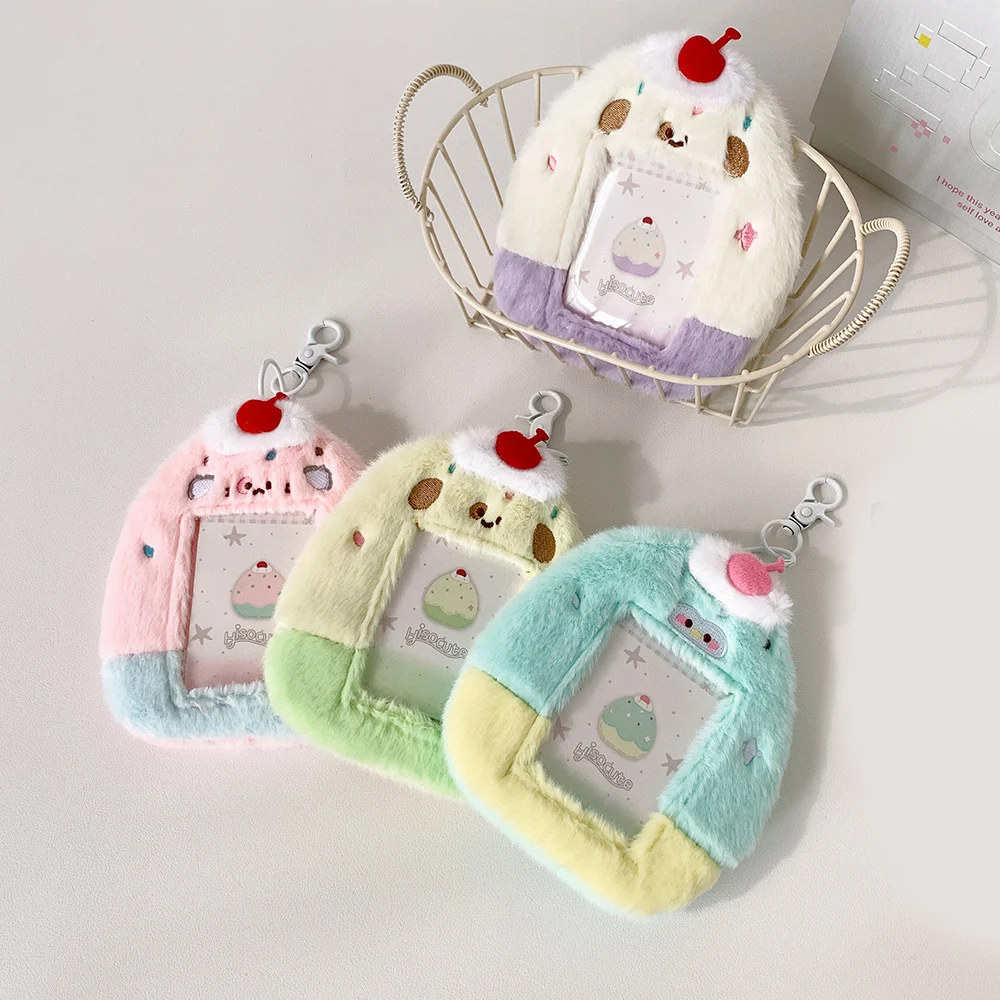 Cute Plush Photocard Holder 3 Inch Korean Idol Card Holder Postcards Storage Card Bag Keychain ID Bus Card Protector Case Sleeve