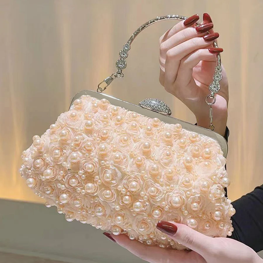 Bead Evening Clutch Purses for Women Cute Elegant Flower Top Handle Bags Party Wedding Female Shiny Rhinestone Chains Handbags