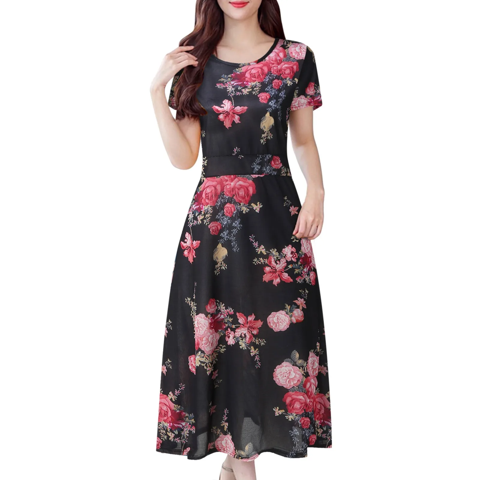 

Women's Casual Loose Comfortable Long Dresses Summer Short Sleeve Dress Fashion Floral Printed Round Neck Bohemian Dress