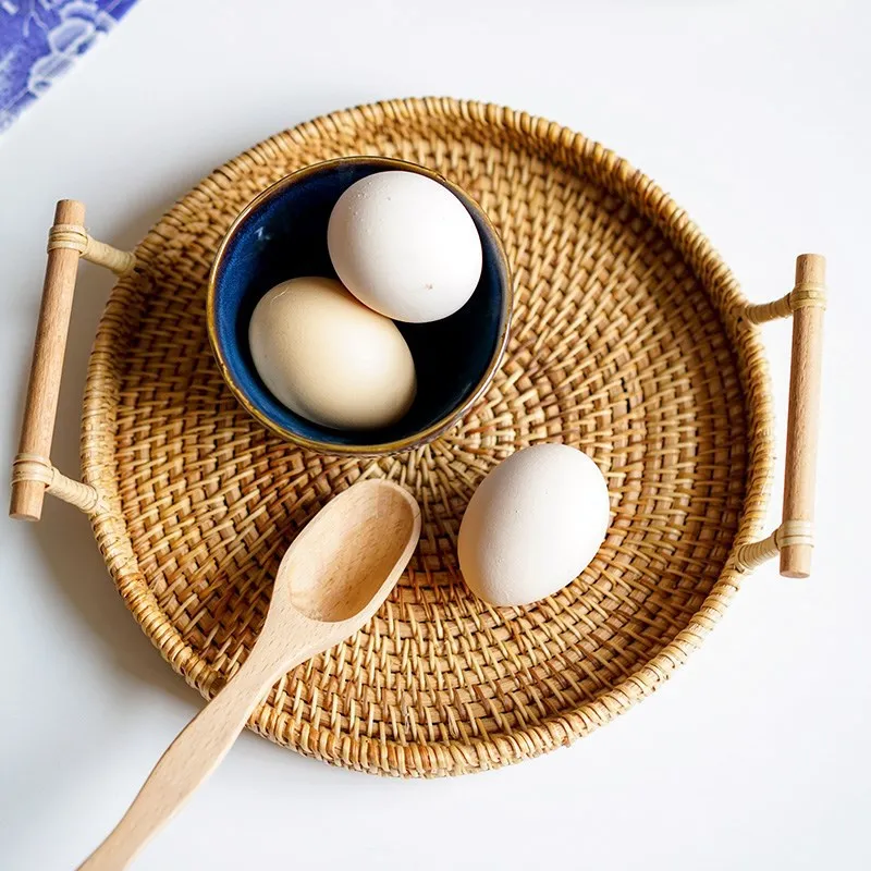 

LuanQI Handwoven Rattan Round Storage Tray With handle Vine Basket Bread Food Plate Fruit Cake Drink Platter Dinner Serving Tray