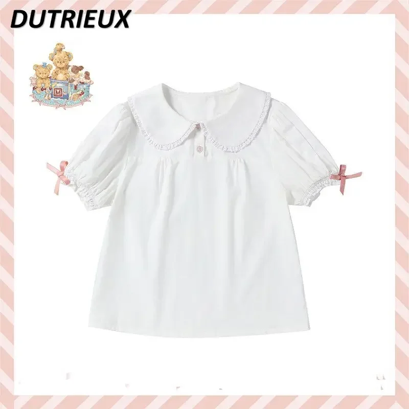 

Japanese Style Summer Sweet Girl Puff Short Sleeve Inner Blouse Doll Collar All-Match Solid Color Base Shirts for Women