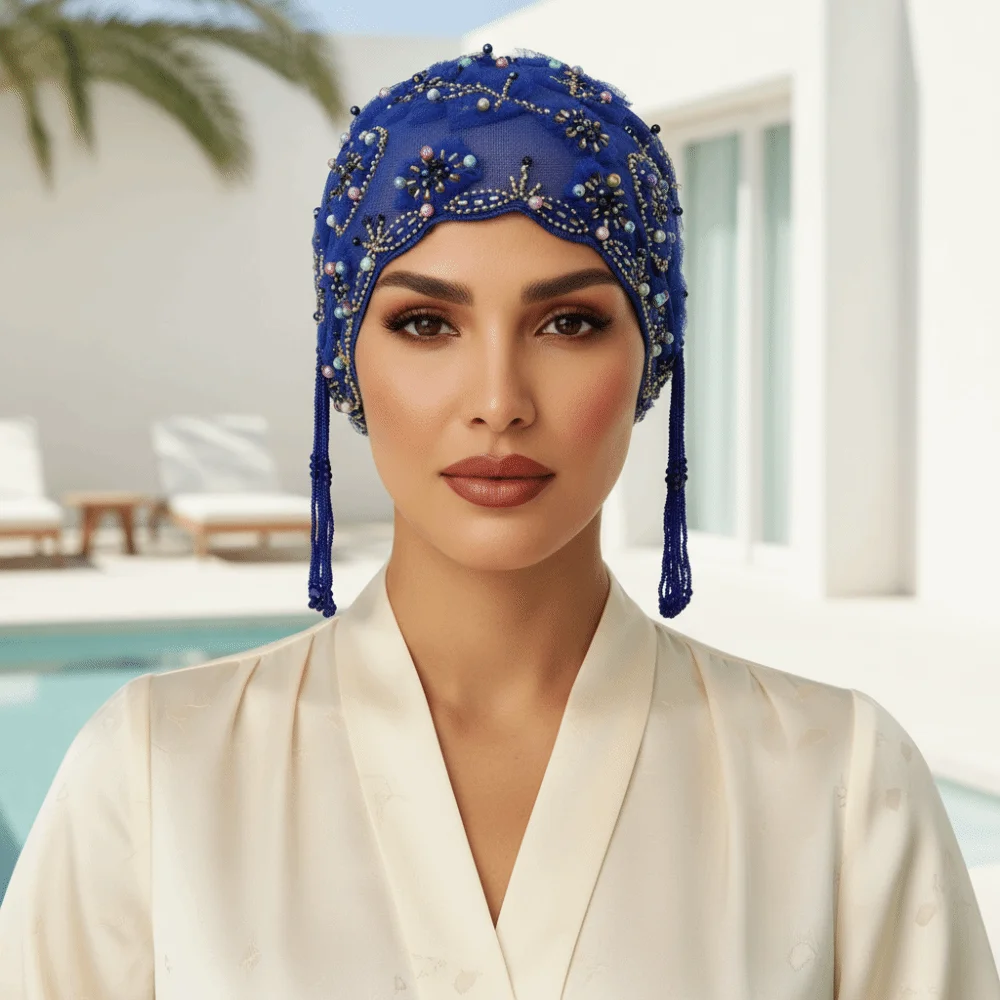 Shiny Beads Turban Hat Long Tassel Sheer Mesh Fishtail Cap Scalloped Edge Elastic Band Indian Headscarf Travel Vacation