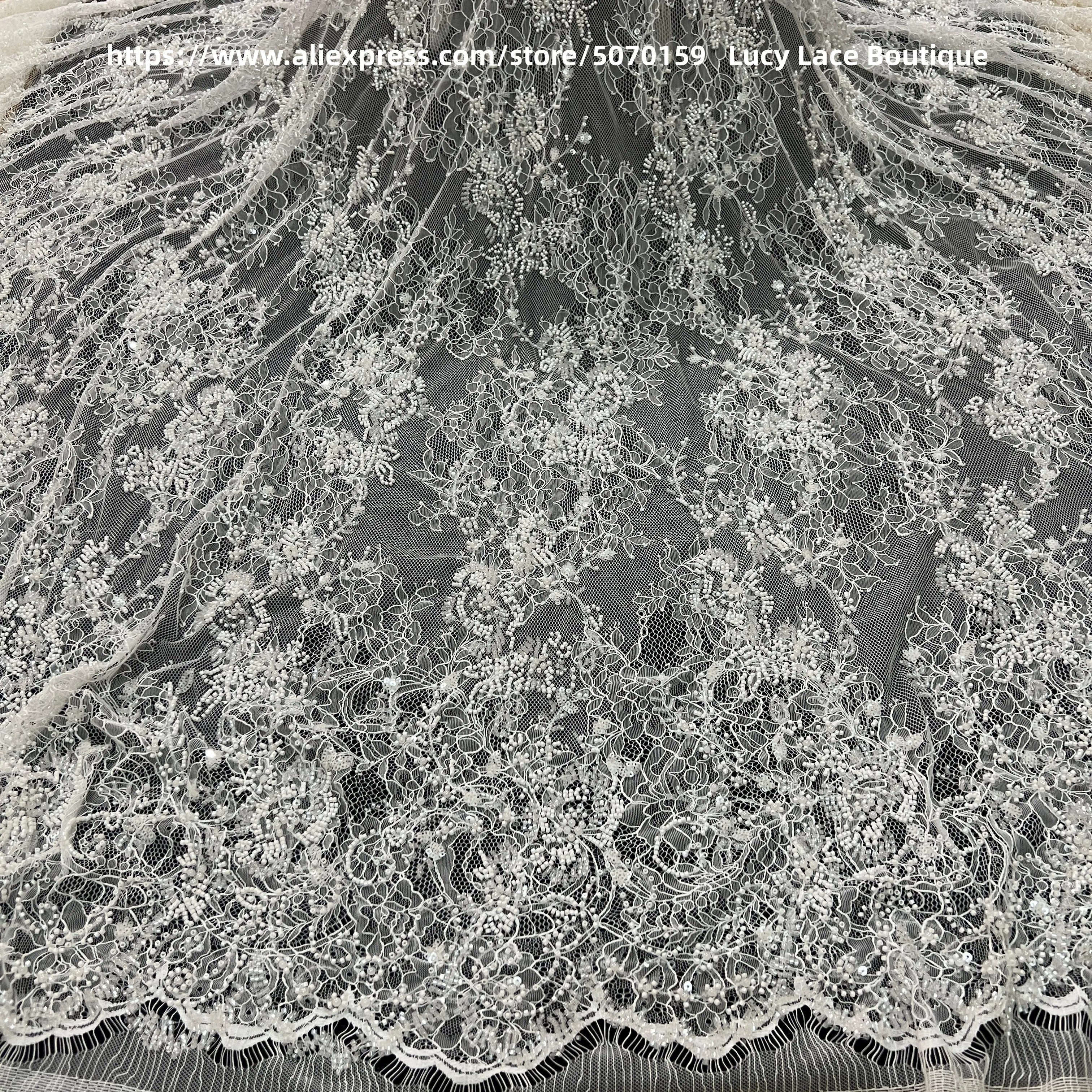 1.4M Wide Crystal Glass Beads Intricate Beadwork Luxury Beading Embellishment Couture Lace French Chantilly Lace Fabric Wedding