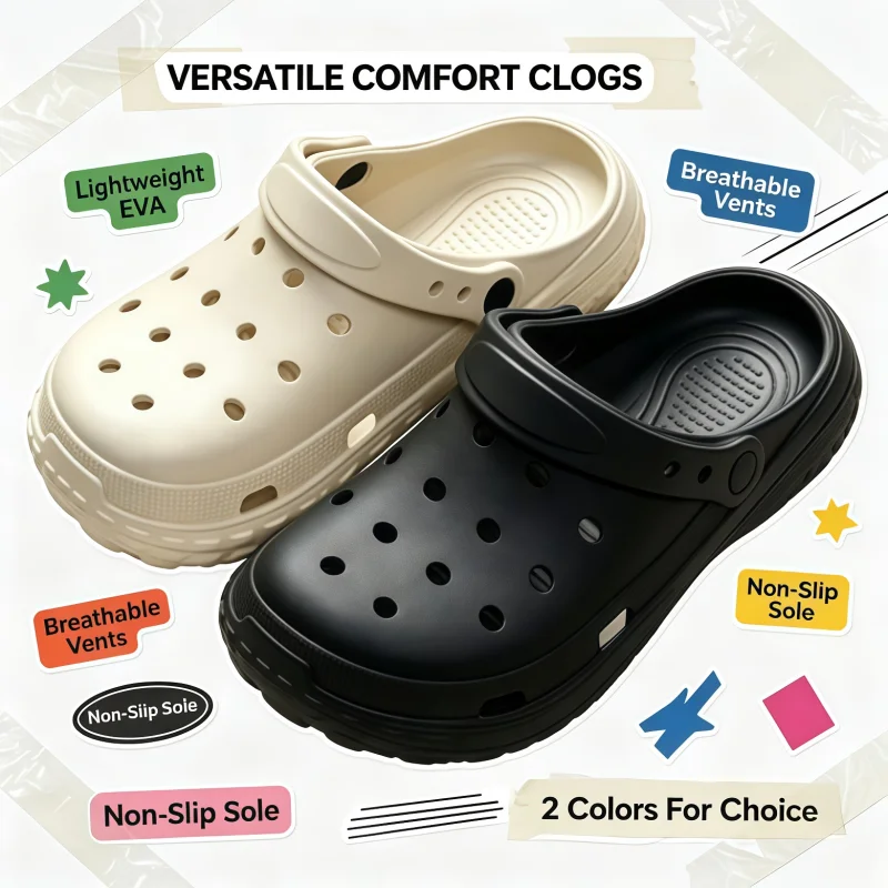 Men's and women's universal EVA sandals, with ventilation holes for breathability. One-piece design, with anti-slip thick sole.