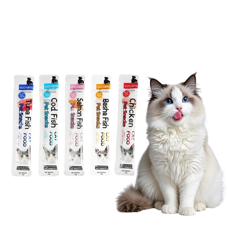 10 قطعة شرائط القط وجبات خفيفة للحيوانات الأليفة نكهات مختلفة حزمة القط وجبات خفيفة سائلة الدجاج سمك القد صيغة القط الرطب الغذاء التسمية 15 جرام/شريط