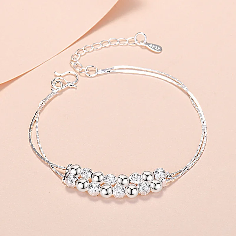 Sterling Silver Color Bracelets for Women Double Layers Balls Charm Hand Chain Link Orignal Fashion Jewelry With Stamp