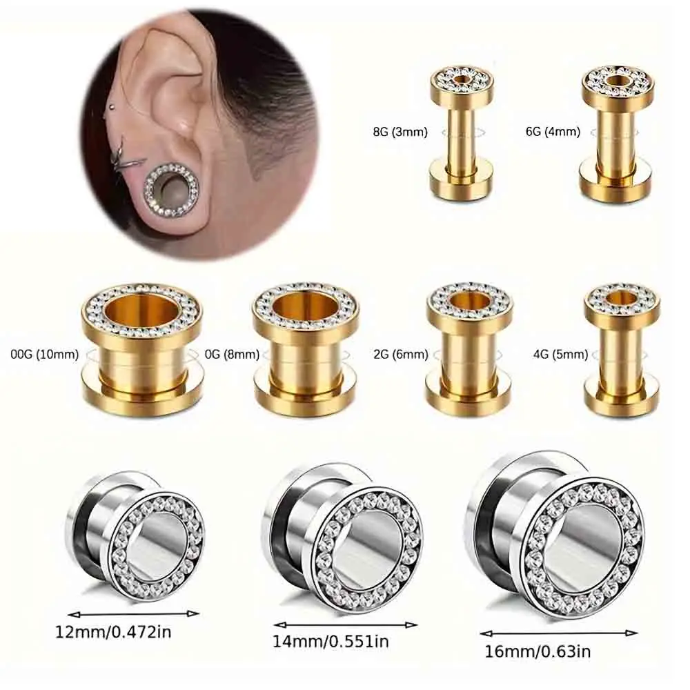 1 Pair Double Flare Stainless Steel Tunnel Specification Screw Gemstone Rhinestone Tunnel Plug Tensioner Jewelry 8G-5/8"