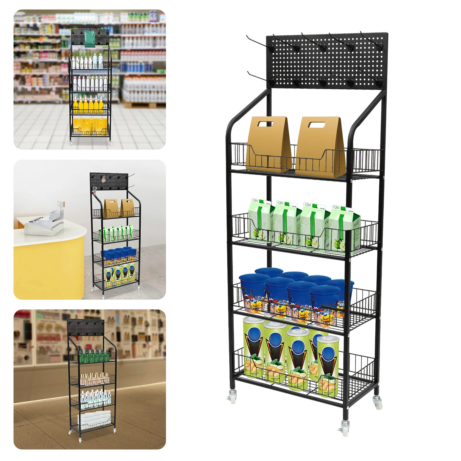 

4-Tier Snack Display Rack – Adjustable Rolling Stand with Freestanding Baskets for Organization and Display