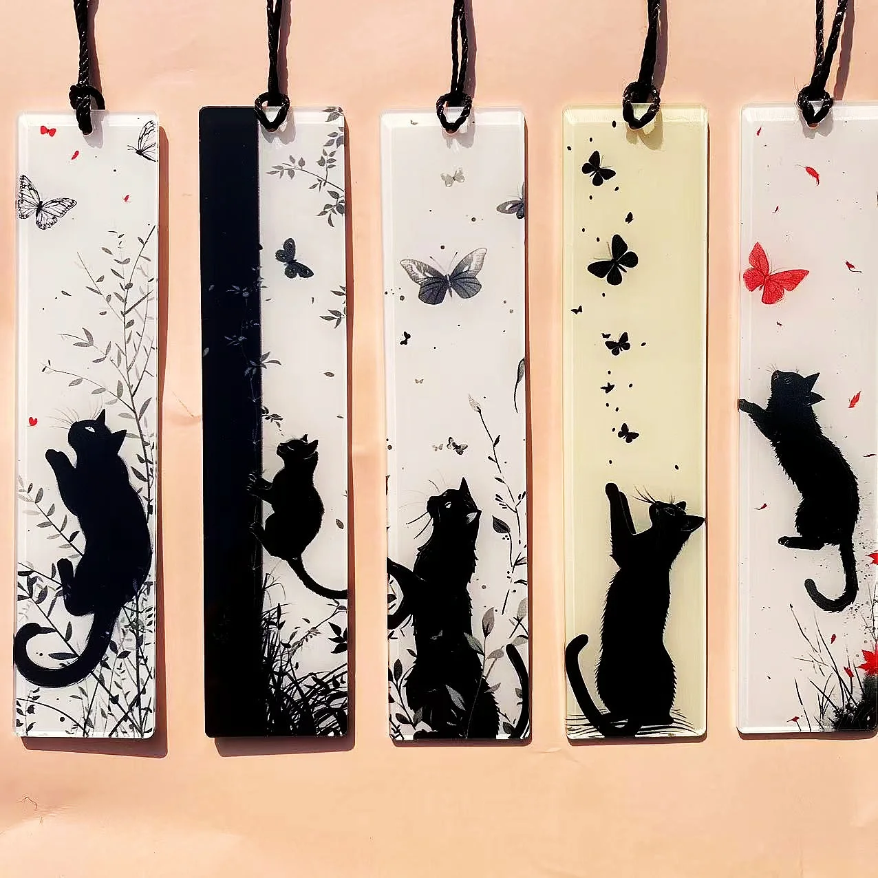 8PCS acrylic bookmark, gift, teacher student art cat pattern, book reading mark, black cat fluttering butterfly