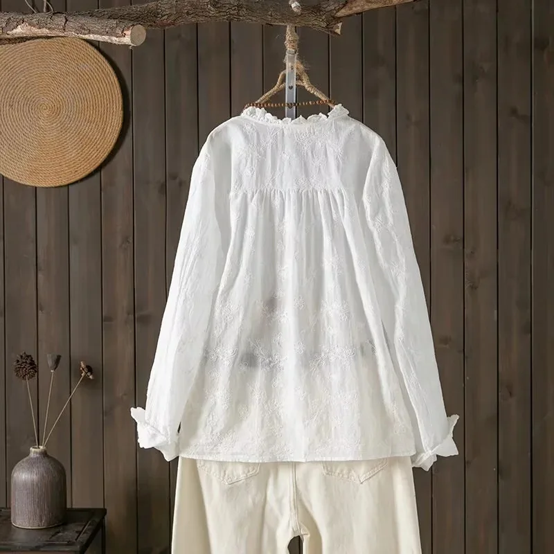 New 2025 Spring Cotton Long Sleeve Shirt, Women Ruffled Embroidery, Mori Girl Vintage French Design White Loose Blouse T53515CC