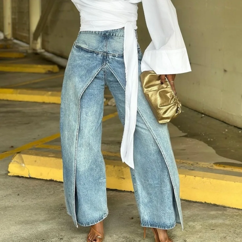 Perna reta solta-ajuste retalhos falso calças jeans de duas peças streetwear casual retro assimétrico afilado calças jeans para mulher