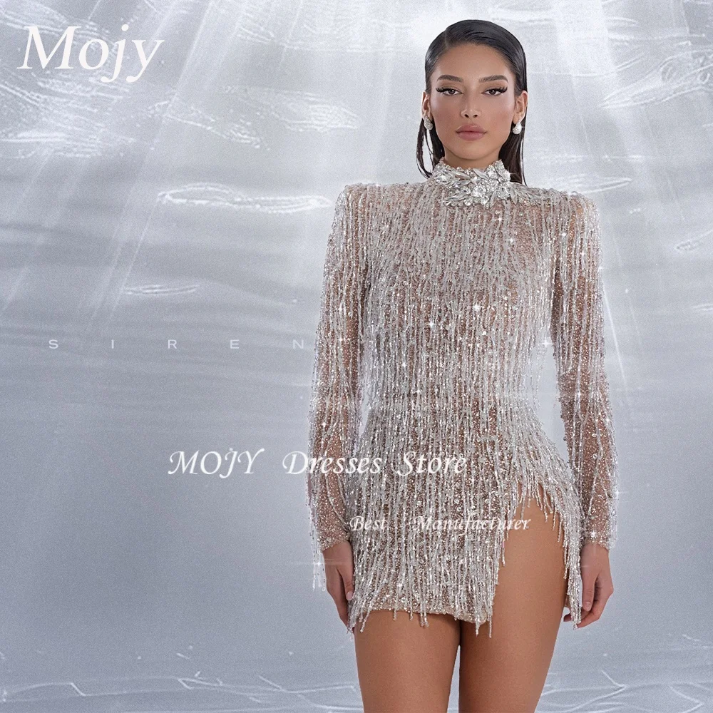 Mojy Luxury Exquisite Beading Sequins Sleeve Mini Evening Dress Woman Party Dress Performances Costume Special Occasion Dresses