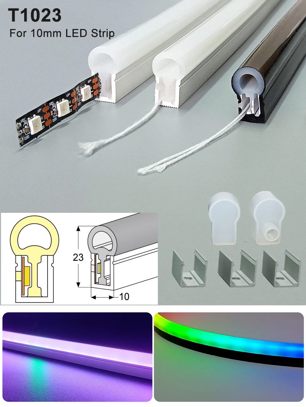 Tube de couverture souple en Gel de silice néon Led blanc/noir T1023 IP67, étanche et Flexible pour bande lumineuse LED de 10mm WS2812B WS2811 5050 RGB