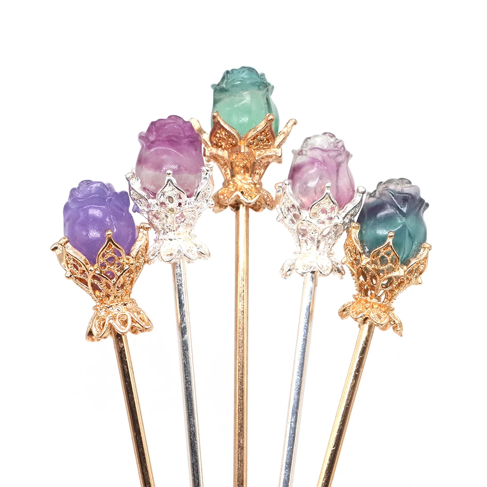 Vintage Eternal Love Rose Hair Sticks Hairwear Natural Fluorite Healing Crystal Hairsticks Headdress Accessories Jewelry Gift