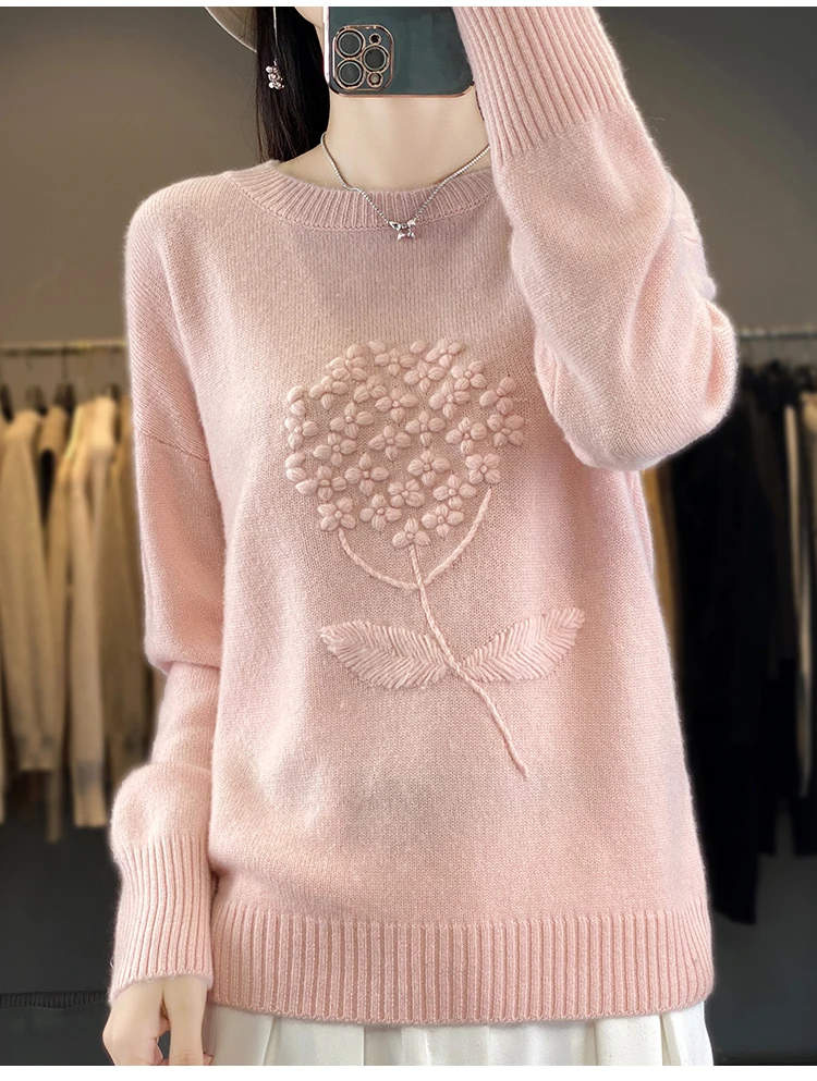 Chic Women's Pullovers O-Neck Twist Flower 100% Merino Wool Basic Soft Warm Casual Loose Mori Girl Style Clothing Tops