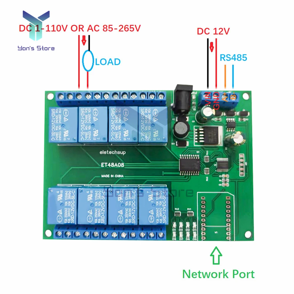 DC 12V 8 Channel Ethernet Relay Network Switch Modbus TCP UDP Web HTTP RS485 Timer Module ET48A08