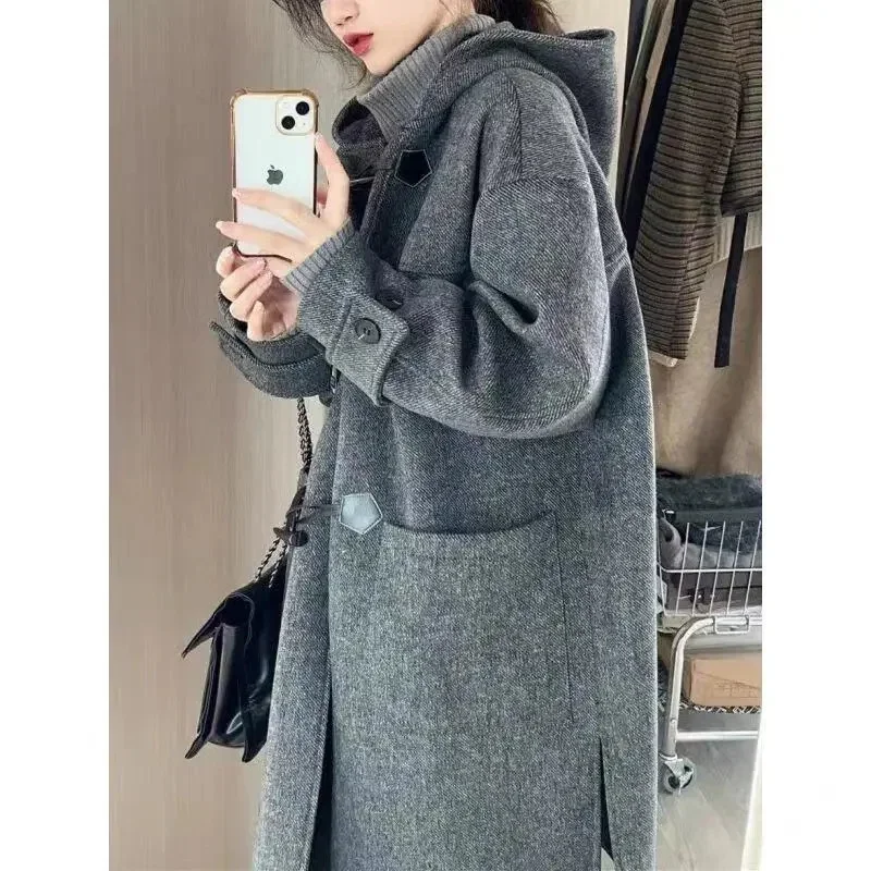 

Long Gray Cow Horn Button Woolen Women Woolen Coat Autumn Korean Style Small Stature High-End Feeling Hepburn Style JJ1051