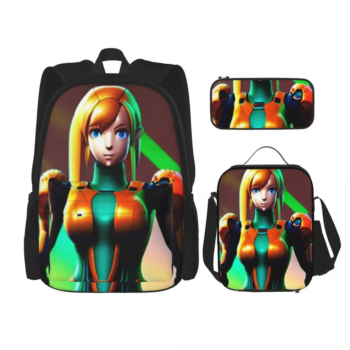 

Metroid Samus Aran (2) Backpacks Boys Girls Bookbag Students School Bags Cartoon Kids Rucksack Lunch Bag Pen Bag Three-Piece Set