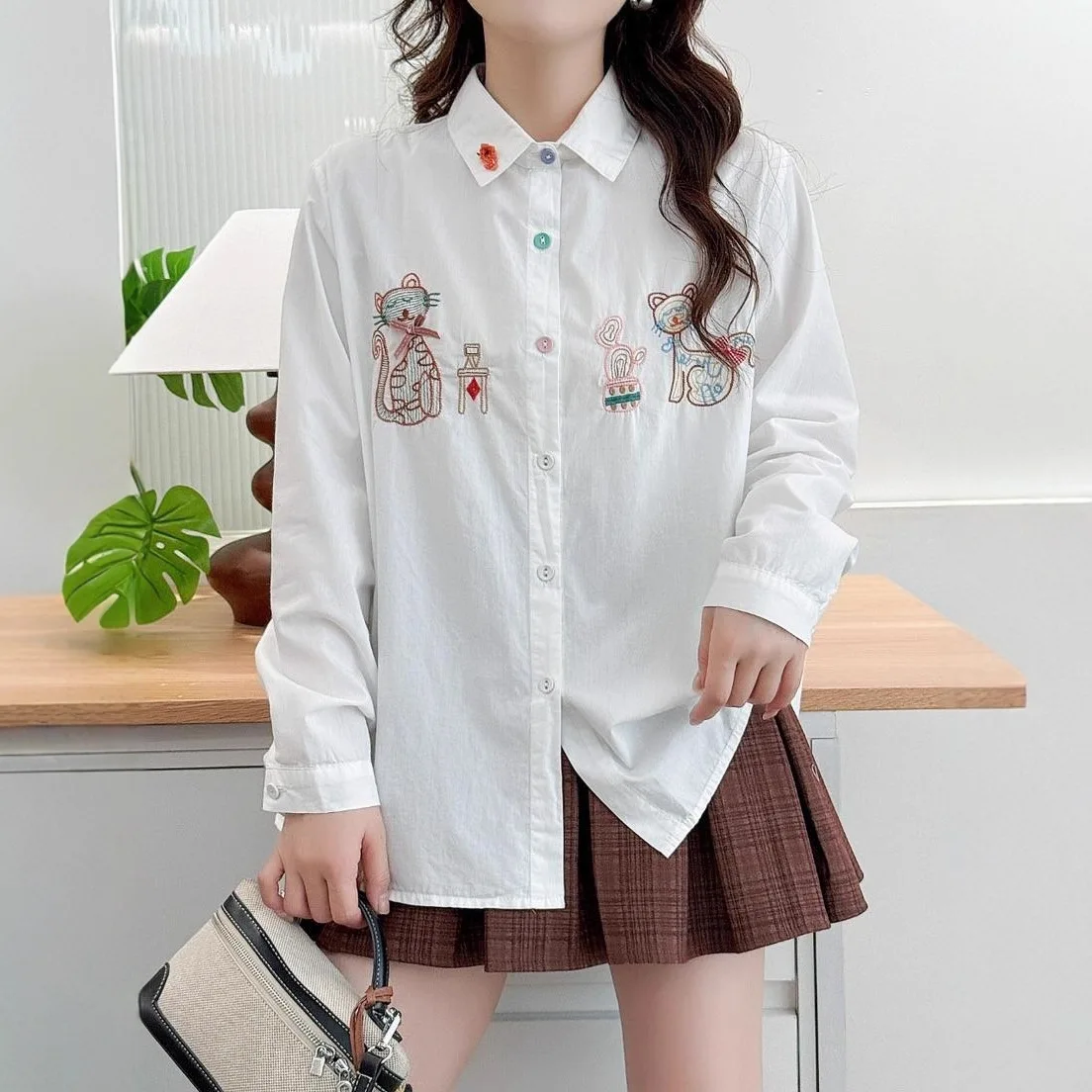 Japanische Süße Mori Mädchen Vintage Gestreiften Cartoon Katze Stickerei Shirts Frauen Herbst Drehen Unten Kragen Langarm Casual Bluse