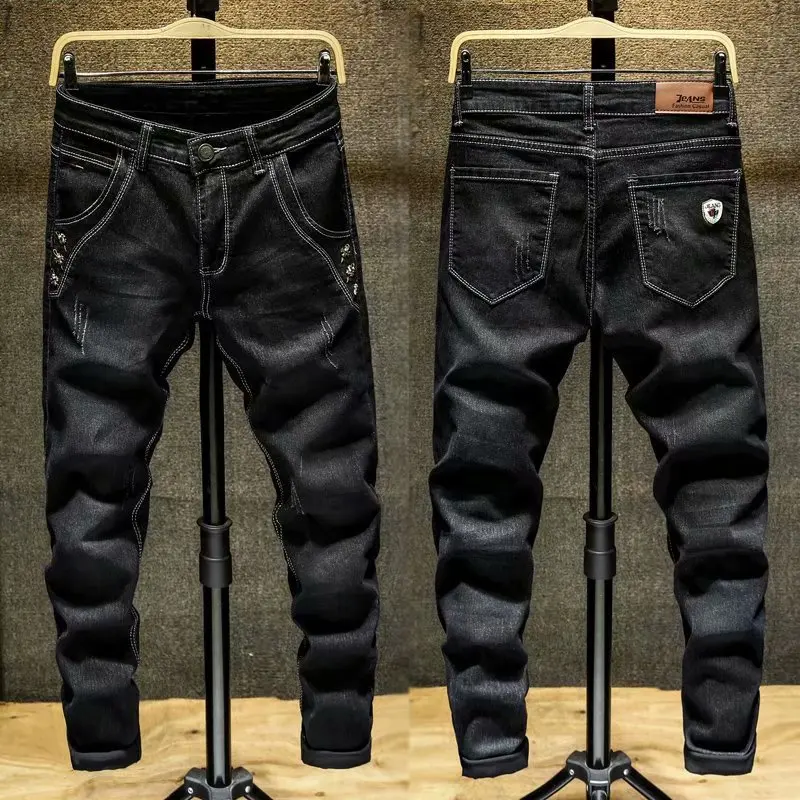 

Черные облегающие мужские джинсы, повседневные тонкие хлопковые джинсовые брюки, эластичные весенние модные длинные брюки в корейском стиле
