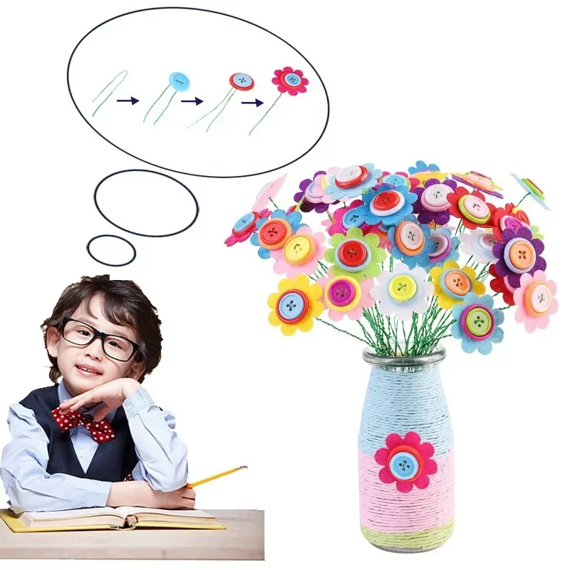 Premium DIY Button Flower Bouquet Kit Handmade Floral Art Craft Set Creative Desktop Decor Gift for Art Project & Home Ornament
