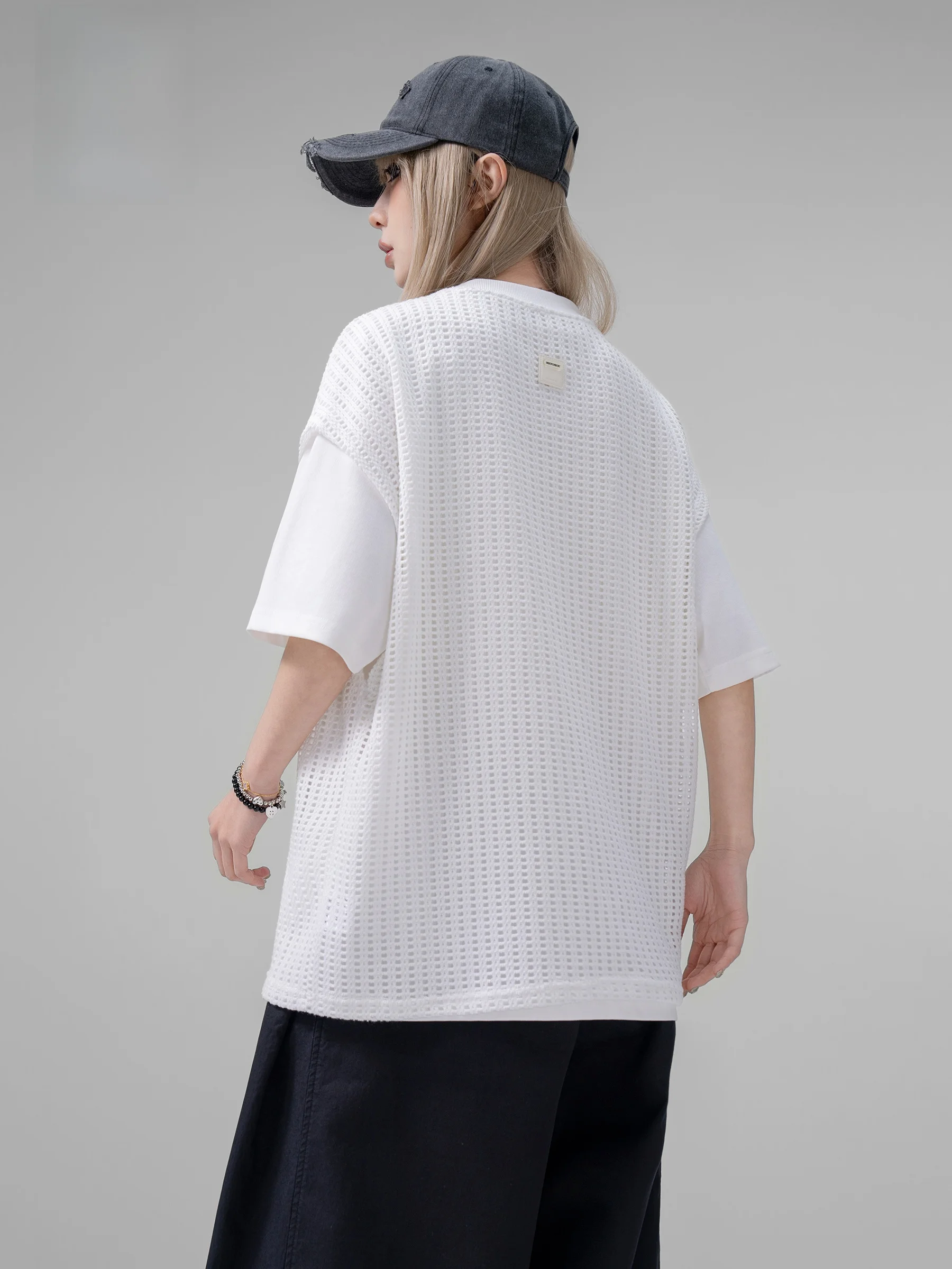 AOGZ Ice Silk Cool Feeling Hollow out Short Sleeve T-Shirt Men's Summer Design Sense Five-Quarter Sleeve Loose Fit Casual Style