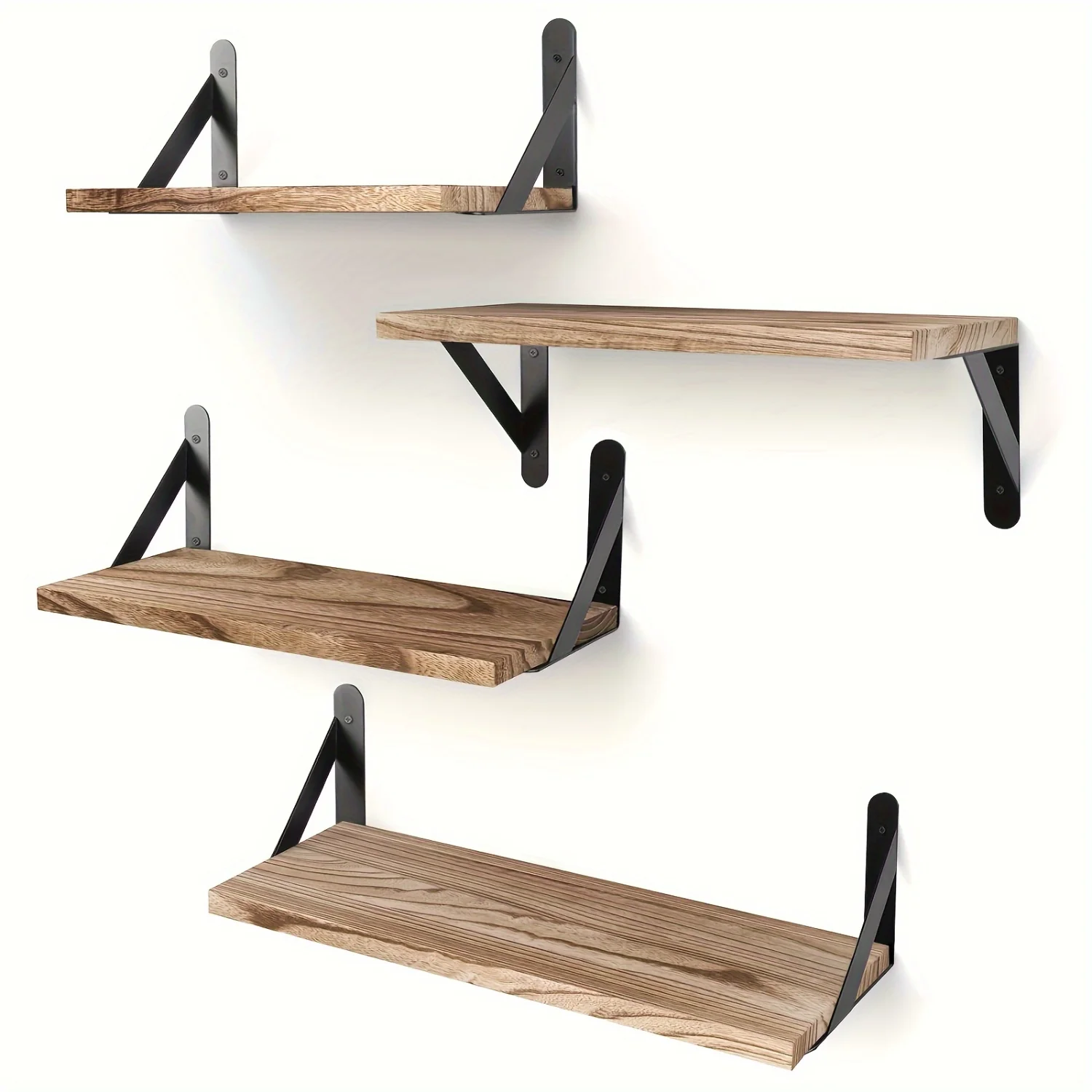 

4-Piece Carbonized Black Floating Shelves - Rustic Wood Wall Mounted for Bathroom, Bedroom, Living Room & Office Decor