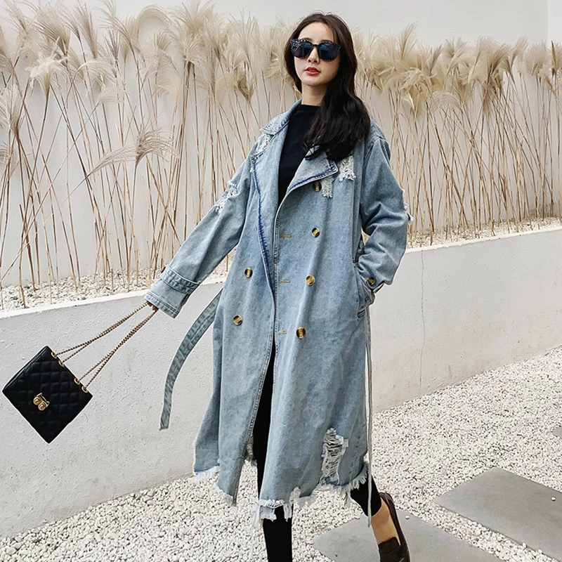 2024 New Autumn Winter Jeans Windbreaker Women Long Sleeve Denim Overcoat Female Vintage Casual Loose Belt Long Trench Coat T344