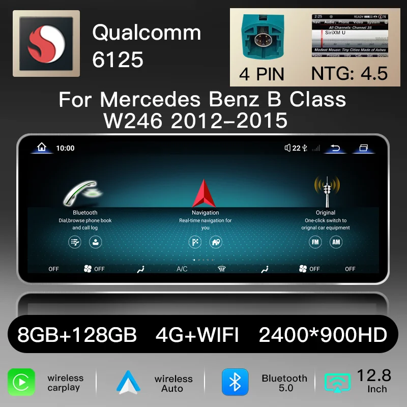 12,8" 2400*900 Snapdragon 6125 Android 14 autoradio voor Benz B-klasse W246 W245 2012-2018 4.5/5.0 multimedia video audio draadloze CarPlay DSP Navi GPS navigatie hoofdunit stereo BT 4G WiFi