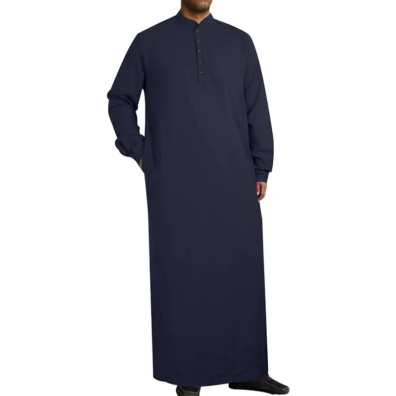 Men's Robe Enlarged And Lengthened Button-up Stand-up Neck Cotton Gown
