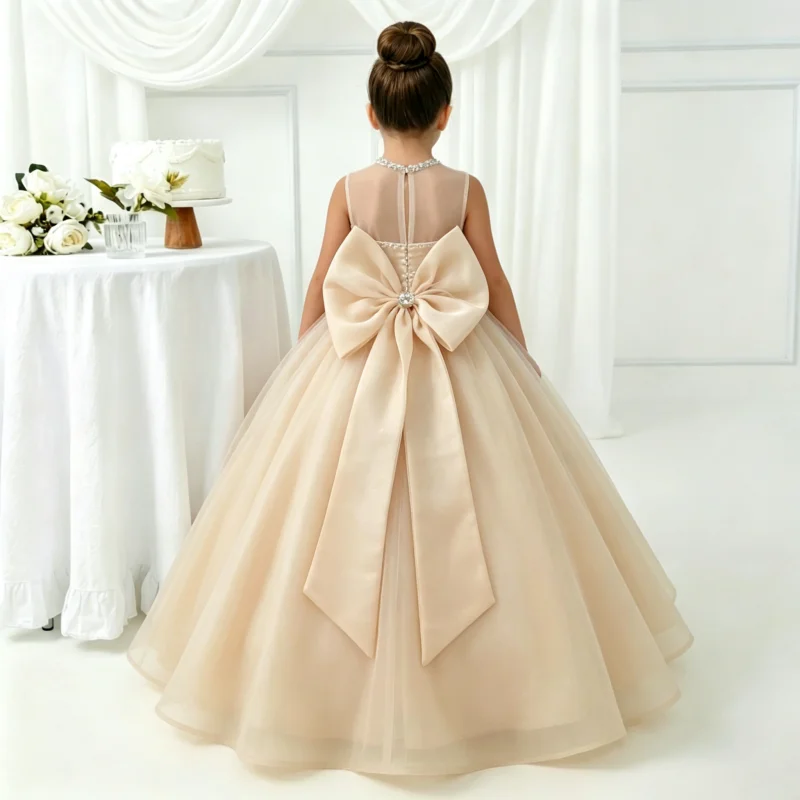 Girls Champagne Princess Ball Gown Sleeveless Mesh Neck Rhinestone Bodice Sparkle Tulle Skirt Flower Girl Dress Wedding Baptism