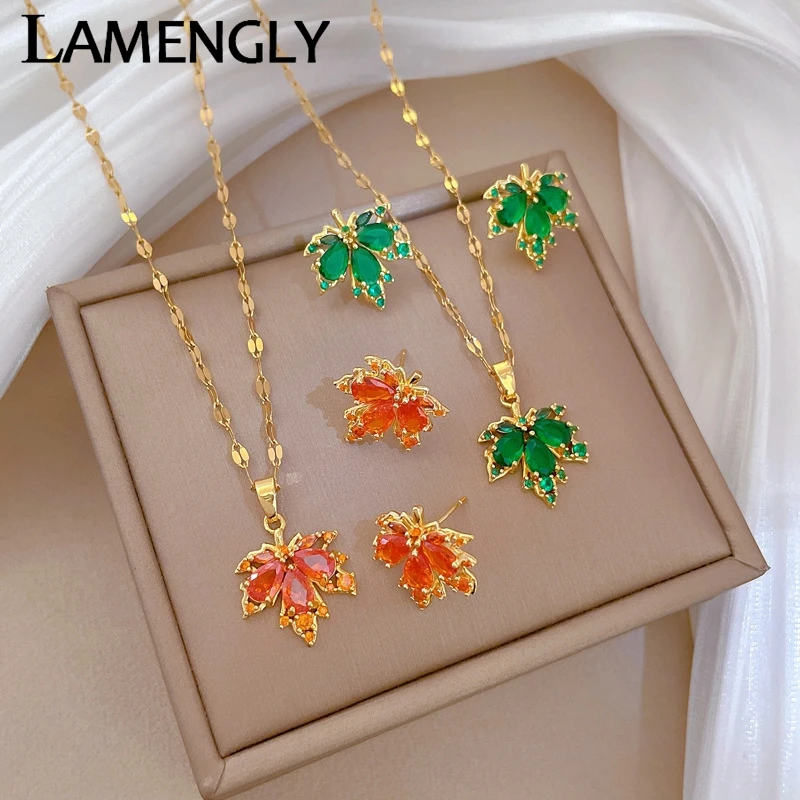 LAMENGLY Stainless Steel Maple Leaf Jewelry Trendy Autumn Crystal Necklace Earrings Set Delicate Gift for Women Ideal for Party