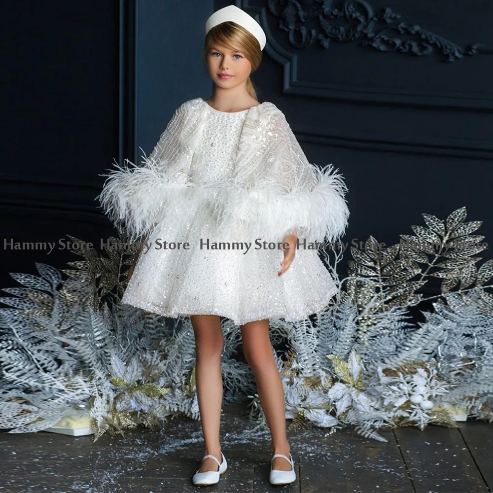 

Glitter Sequin Flower Girl Dresses with Feathers Cape Luxury Beading Pearls Party Dress for Kids Pageant First Communion Gown