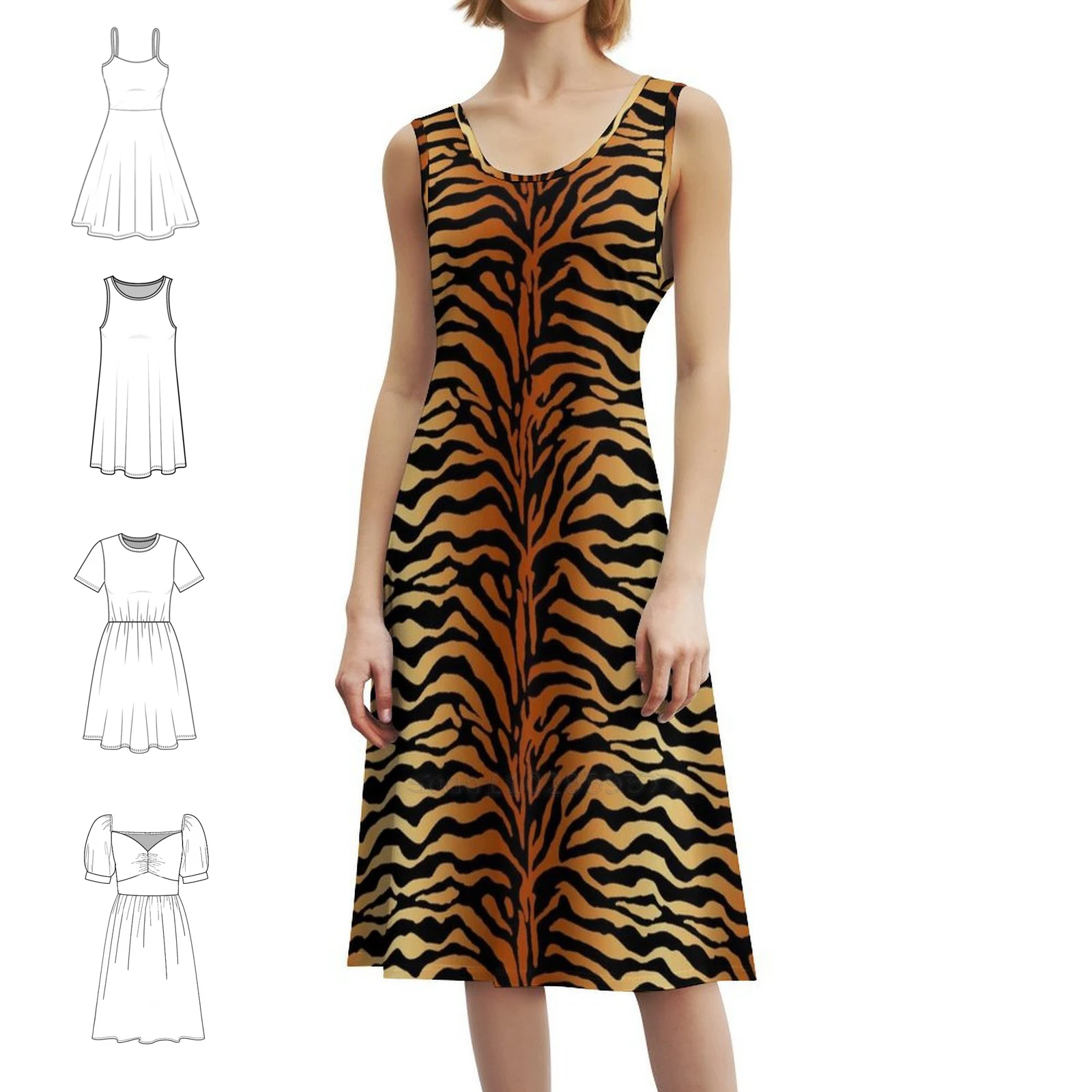 

Тигровые полоски с животным принтом темно-янтарного цвета, черно-коричневое богемное платье без рукавов с несколькими принтами, пляжное праздничное платье с тигром