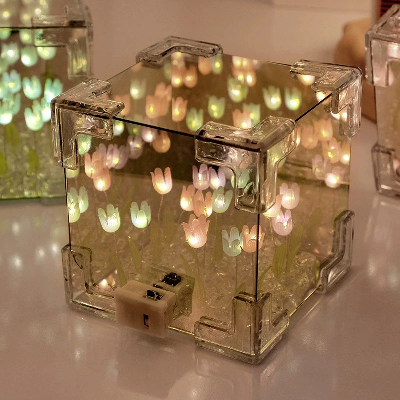 مجموعة إضاءة ليلية مبتكرة على شكل مكعب توليب - ديكور منزلي مصنوع يدويًا ومصباح جو احتفالي