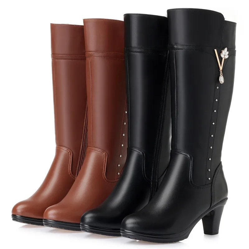 Botas de invierno para mujer, botas femeninas de cuero genuino, talla dropshipping, botas cálidas de lana de tacón alto, botas de montar de