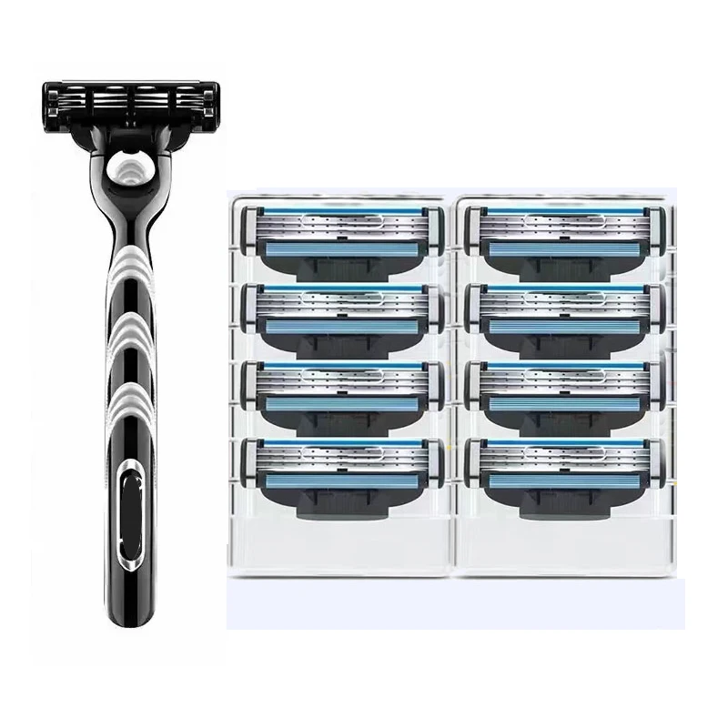 8 PCs Manual Razor For Men Three Layer Blade With ONE Knife Holder Stainless Steel Blades No Skin Damage Old Style Razor Shaver