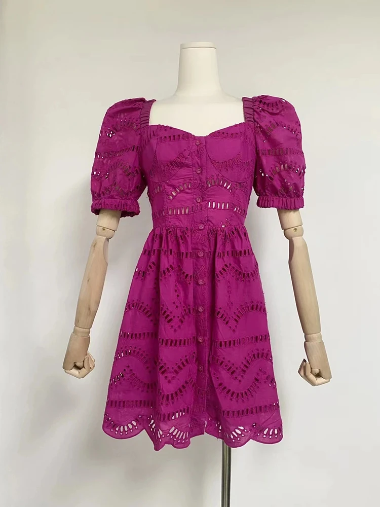 VGH Elegant Hollow Out Slim Short Dresses For Women Square Collar Puff Sleeve High Waist Spliced Button Temperament Dress Female