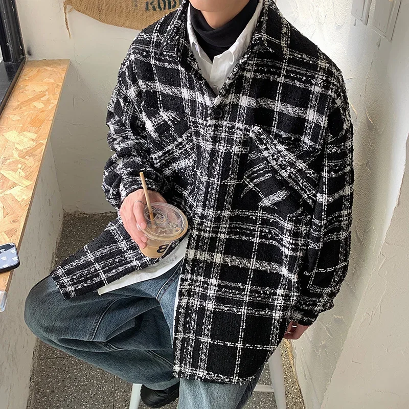 

Autumn Winter Plaid Woolen Coat Men Fashion Retro Casual Mid-length Woolen Coat Men Korean Loose Woolen Shirt Mens Overcoat