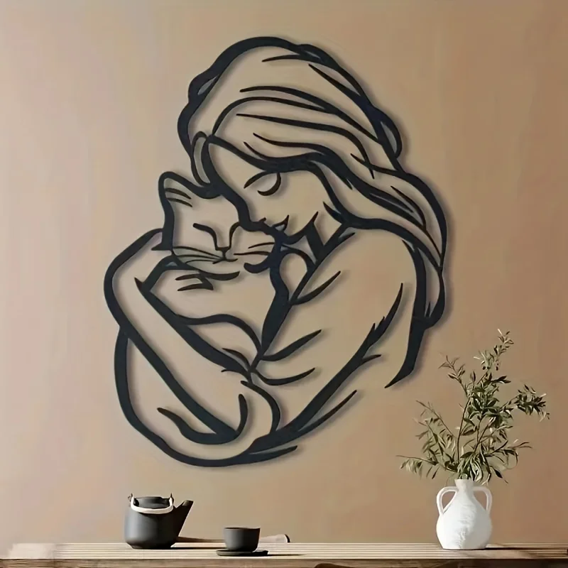 Charming Cat Lover's Metal Wall Art - Woman Embracing a Cat Silhouette, Perfect for Living Room, Bedroom, or Home Office Decor