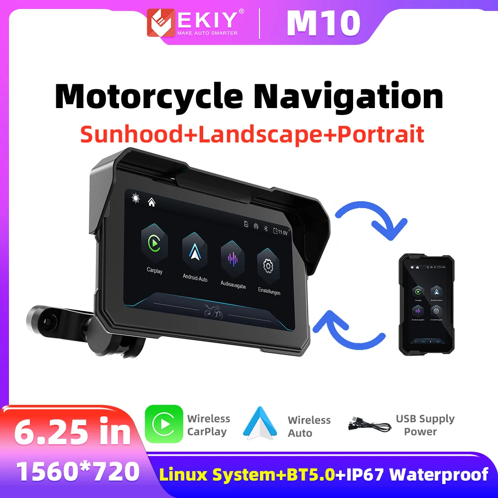 

EKIY 6.25 inch Wireless Android Auto Apple Carplay Rotatable Motorcycle Display Screen GPS Navigation Waterproof IPX67 Monitor