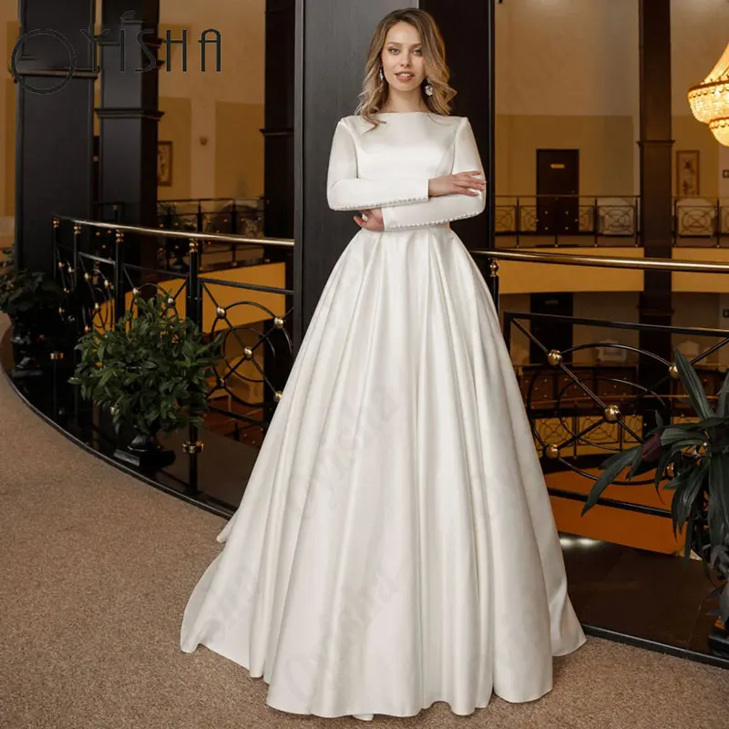 OYISHA o-collo raso abiti da sposa musulmani semplici maniche lunghe a-line abito da sposa di lusso per donna squisito Vestido De MariagesOYISHA O-Neck Raso Musulmano Abiti Da Sposa Semplice Maniche Lunghe A-Line Abito